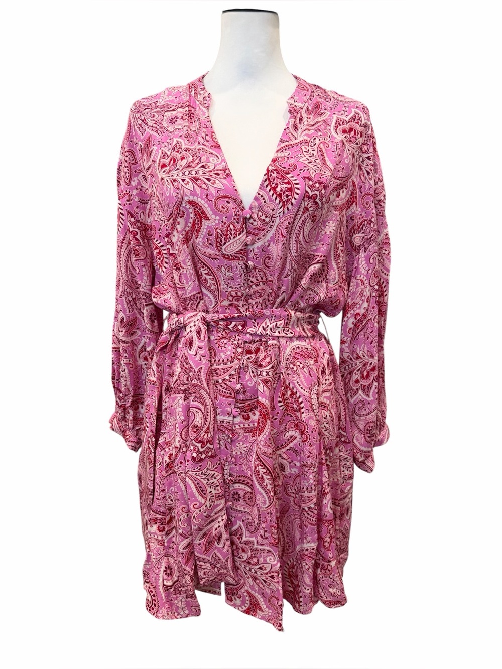 Zara Paisley Shirt Dress Tie Waist Button Front Ruffle Boho Pink XL RUNS SMALL - Picture 2 of 16
